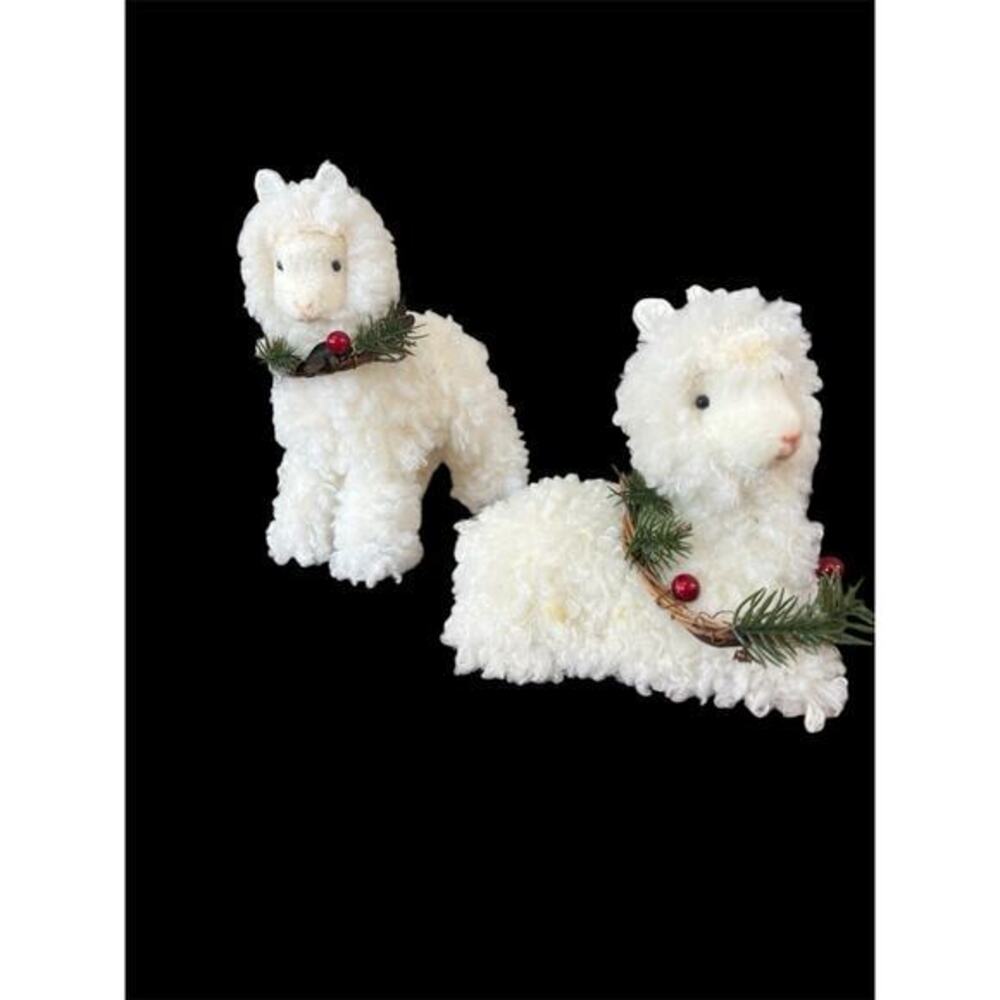 Set Of 2 Fluffy Christmas Holiday 6” Alpaca Llama Tabletop Decor Lot